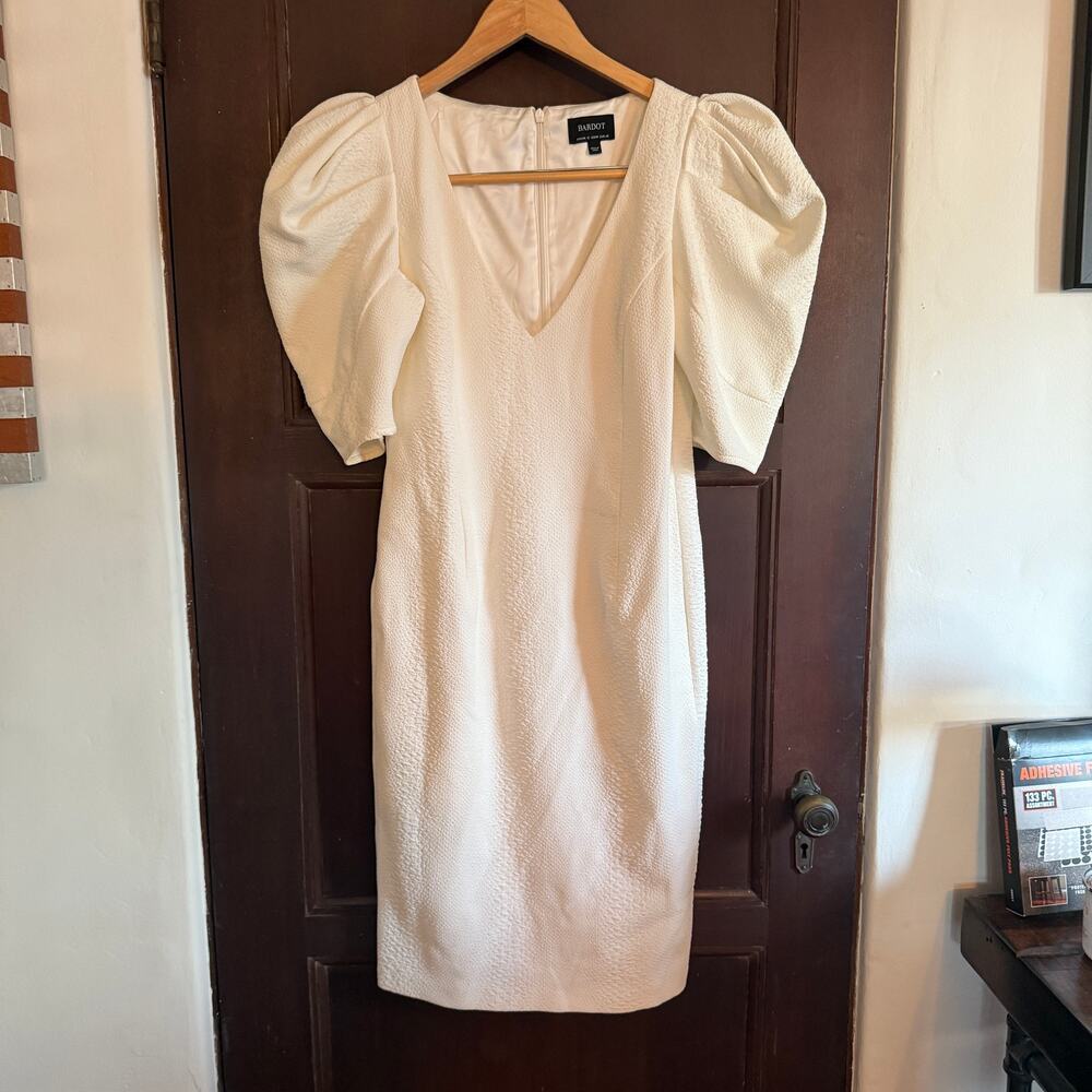 BARDOT | Fergie Textured Cream White Puff Sleeve Midi Sheath Dress | Medium - Picture 2 of 7